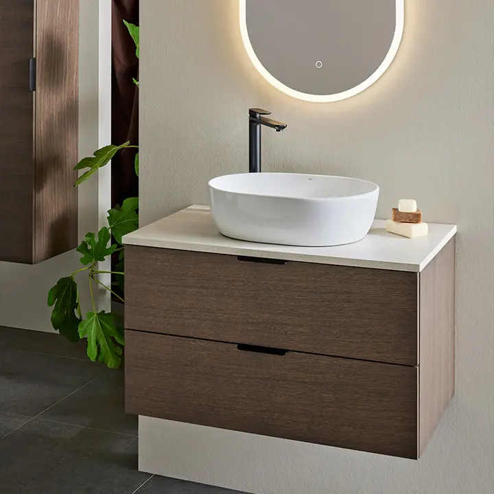 Hafa Go tumma tammi kylpyhuonekalusteet erillinen pesuallas posliini