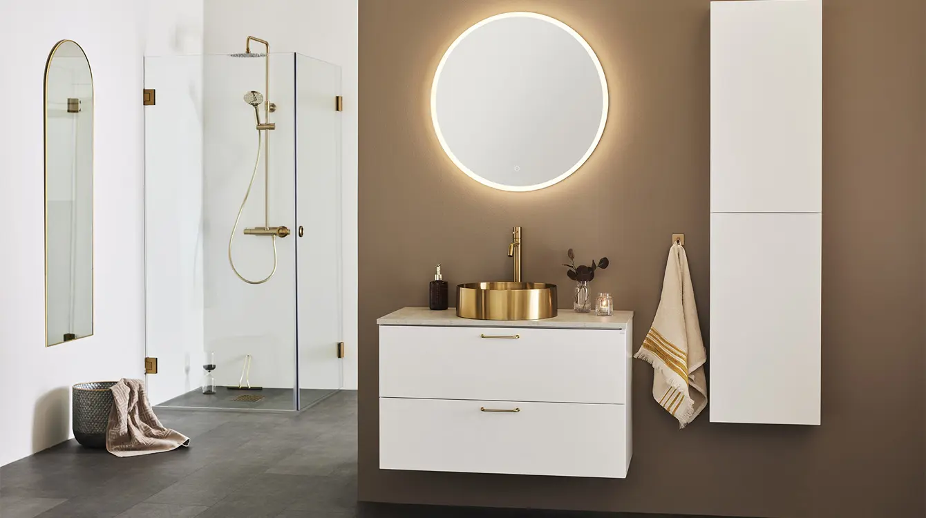 Kylpyhuonekalusteet Hafa Shape valkoinen, messinkiset yksityiskohdat